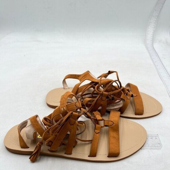 YDN Women  Knee High Lace up Flats Fringe Low Heel Gladiator Strap Sandals Brown - Picture 4 of 8